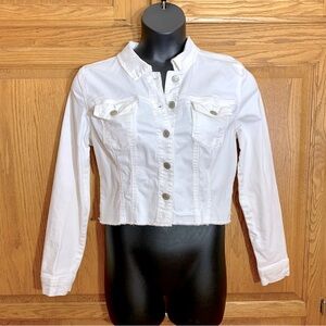 Maurice’s white jean jacket with slight distressing and frayed edge, size L
